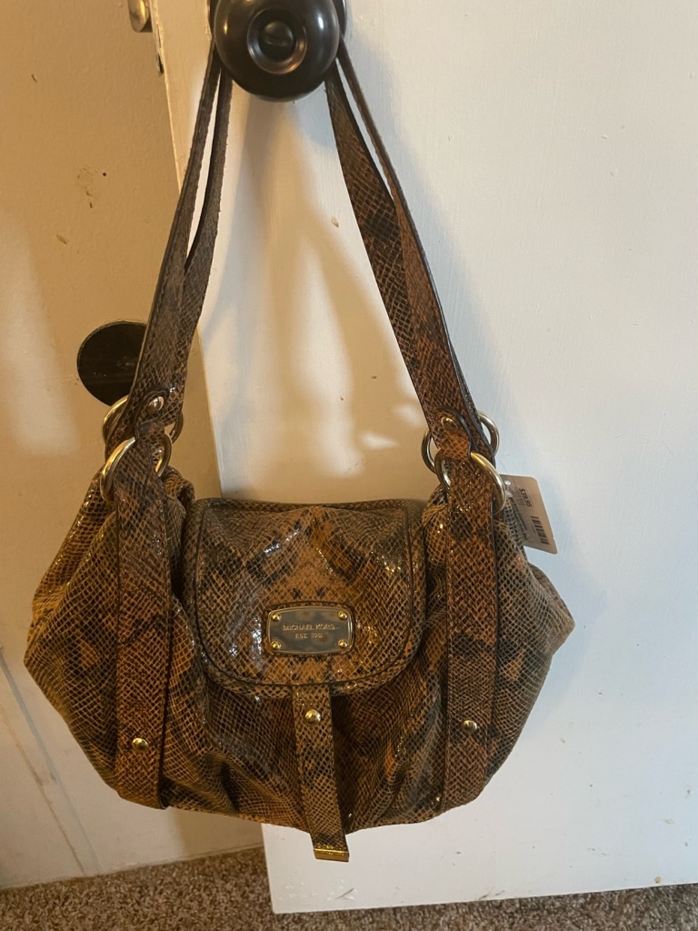 MICHAEL Michael Kors Brown Snakeskin-Pattern Shoulder Bag with Gold Hardware